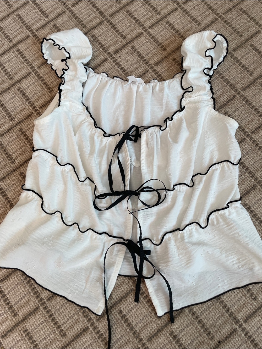 White Ruffled Tie-Front Women's Top with Black Trim